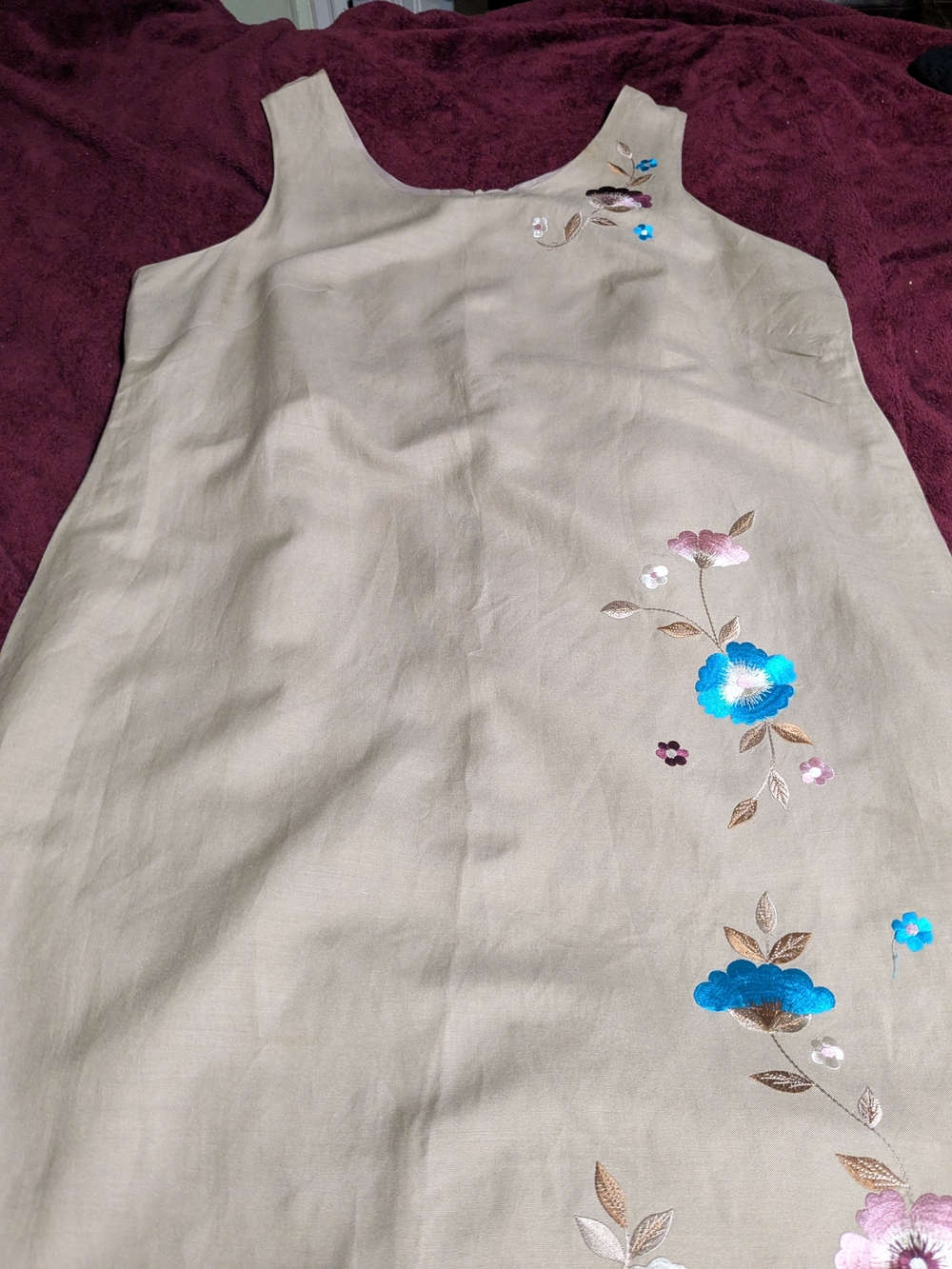 Beige Linen Mini Dress with Blue Floral Embroidery